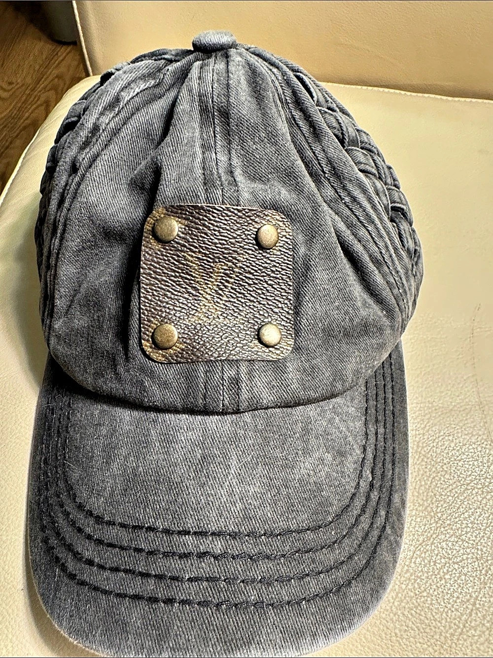 C.C Washed Denim Ruched Baseball Cap in Gray